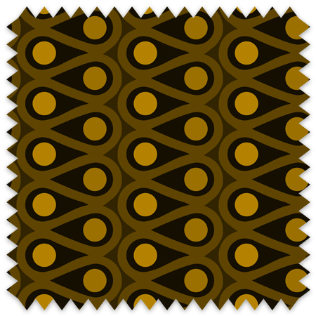 The artwork features a repetitive geometric pattern with curved, brown shapes creating loops that flow in symmetrical vertical columns. Inside the loops, there are solid circular shapes of yellow ochre. The dark brown background accentuates the vivid colors and clean lines of the design. The overall composition is balanced with a modern, vibrant aesthetic.